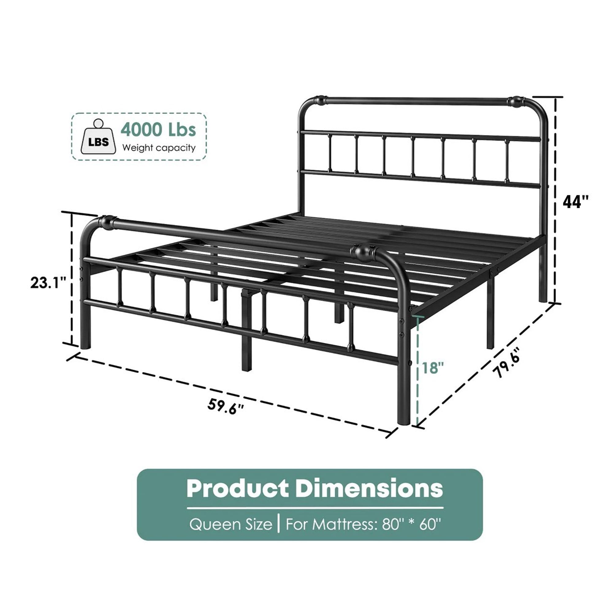 QFTIME Queen Bed Frame with Headboard, Heavy-Duty Metal Platform Bed Frame with 18" High, Non-Slip and Noise-Free, No Box Spring Needed, Black