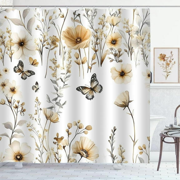 Boho Floral Butterfly Shower Curtain Tan Beige Flower Leaves Fall Shower Curtains for Bathroom Waterproof Polyester Fabric Bath Curtain with Hooks 36"W x 72"L (Pack of 1)