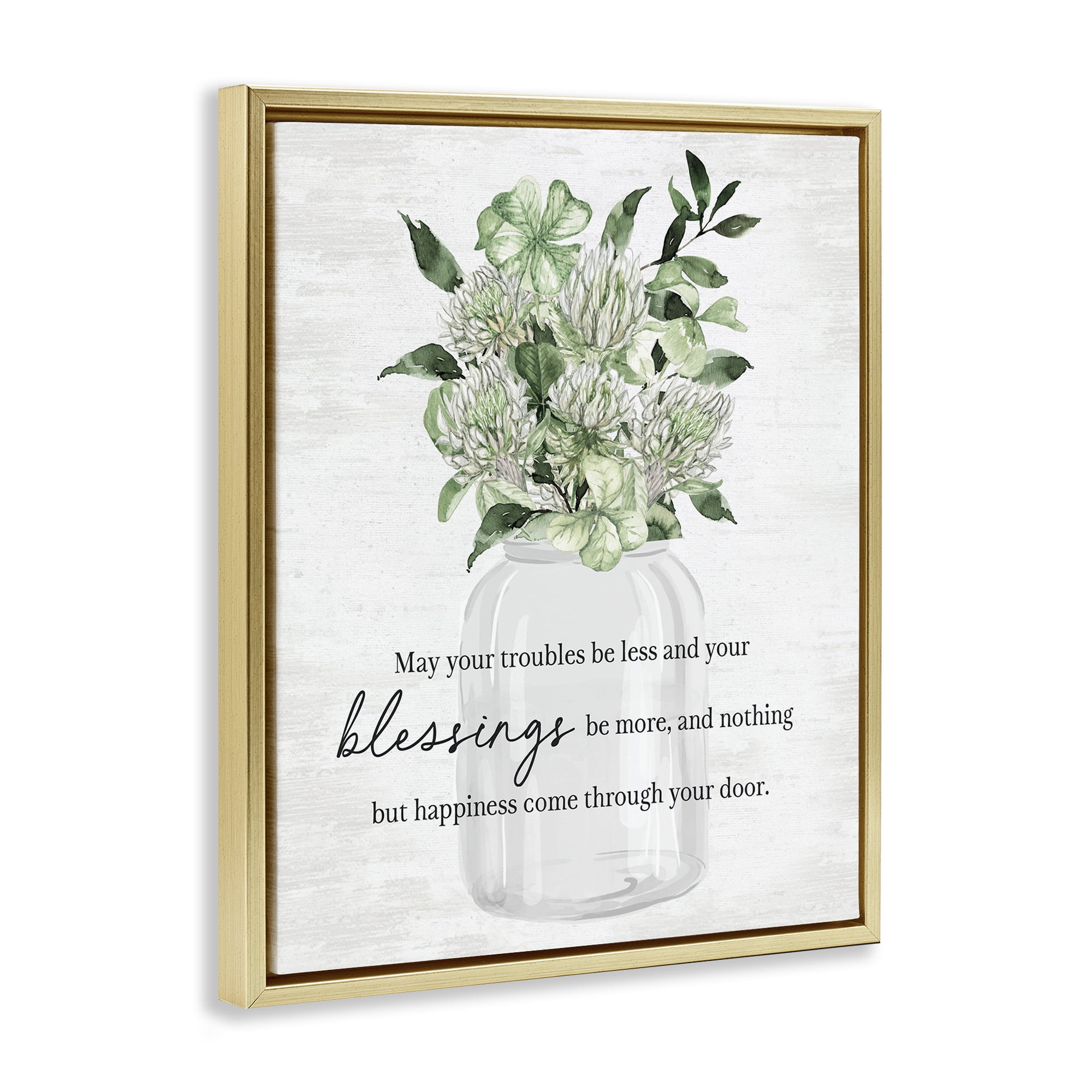 Stupell Industries Lucky Clover Blessing Botanical & Floral Painting Gold Floater Framed Canvas Art Print Wall Art, 17 x 21