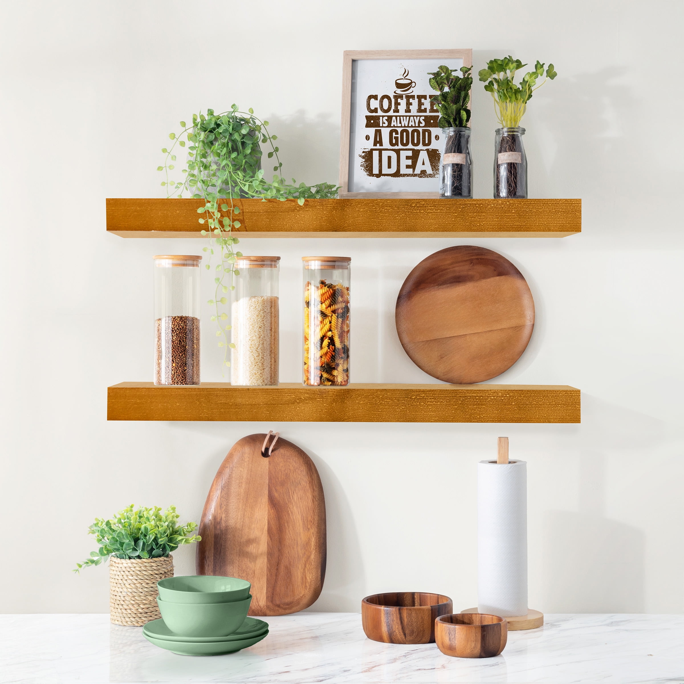 Sorbus 24" Floating Wall Shelves, Set of 2 Maple Wood Color, Solid Pine Wall-Mounted Shelves for Bathroom, Bedroom & Living Room