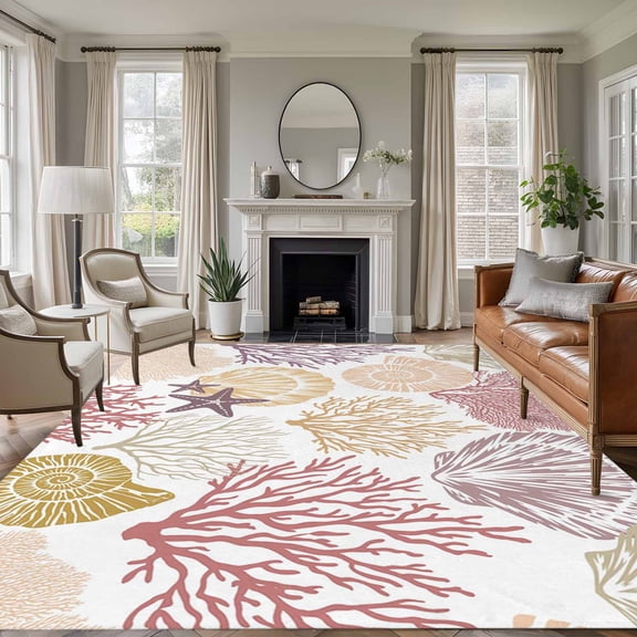 Large Area Rugs for Living Room Bedroom, Coastal Coral 5'x8' Rug Washable Carpet Runner Indoor Outdoor, Nautical Colorful Conch Seashells Starfish Non Slip Floor Mats Rug for Kitchen, Bathroom