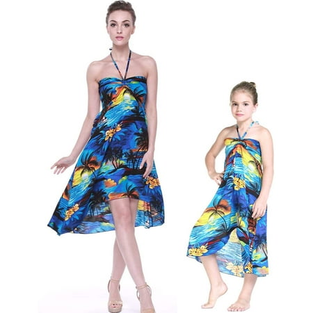 Matching Hawaiian Luau Mother Daughter Halter Dress in Sunset Blue ...