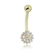 AVORA 10K Yellow Gold Simulated Diamond CZ Open Flower Belly Button Ring Body Jewelry (14 Gauge)