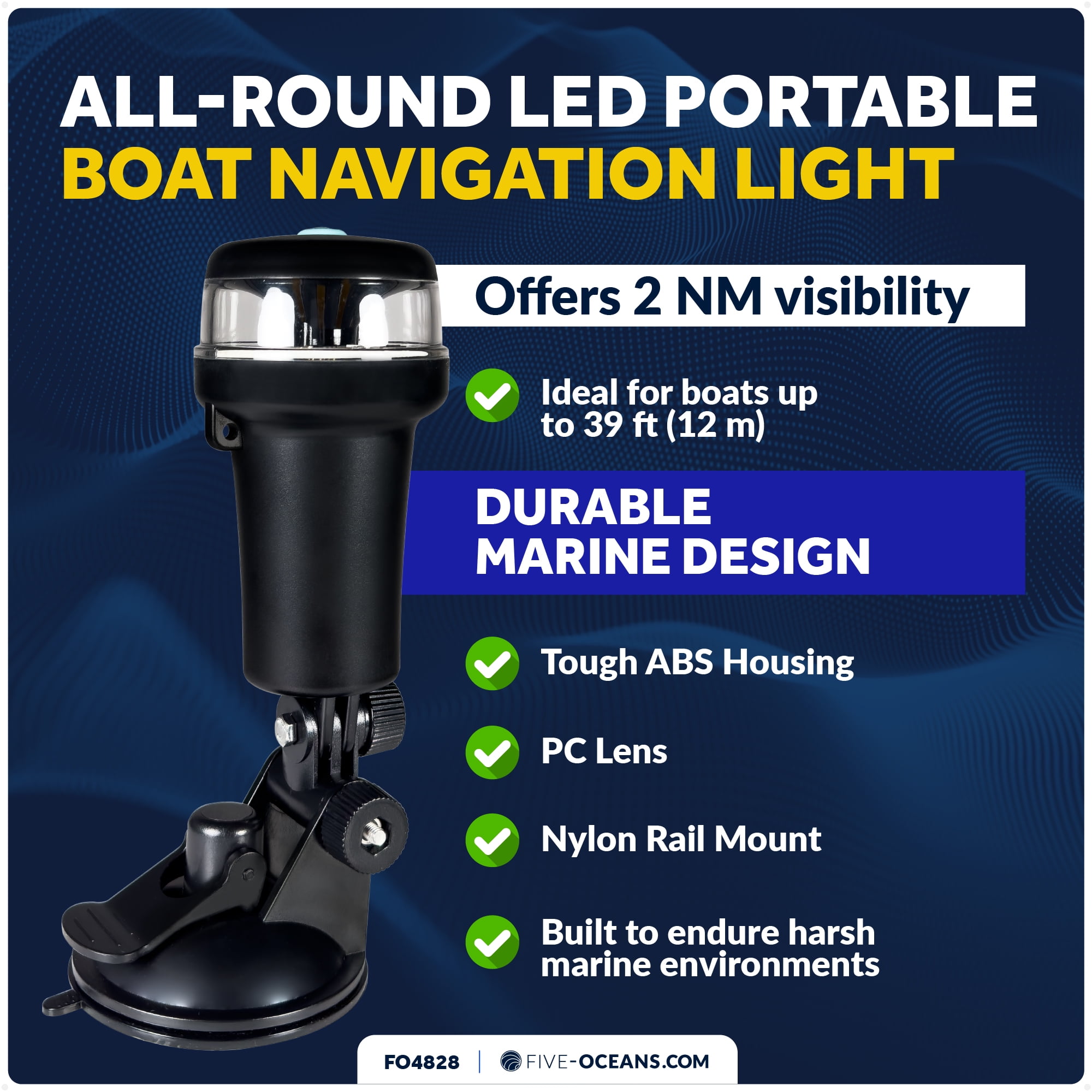 Five Oceans LED Portable All-Round Boat Navigation Light, 180-Degree Tilt Suction Base, 2 NM Visibility, IP67 Waterproof, Battery-Operated Anchor Light for Small Boats, Kayaks, Inflatables - FO4828
