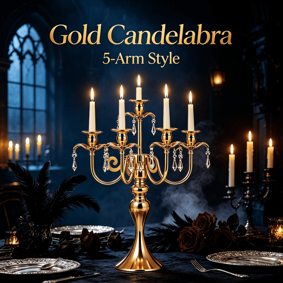 Gold Candelabra 5 Arm - Metal Candle Stick Holder with Crystal Pendants, European Taper Candle Holder for Wedding Dining Table, Halloween Party Decor