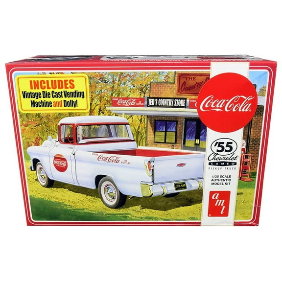 Skill 3 Model Kit 1955 Chevrolet Cameo Pickup Truck "Coca-Cola" with Vintage Vending Machine and Dolly 1/25 Scale Model by AMT