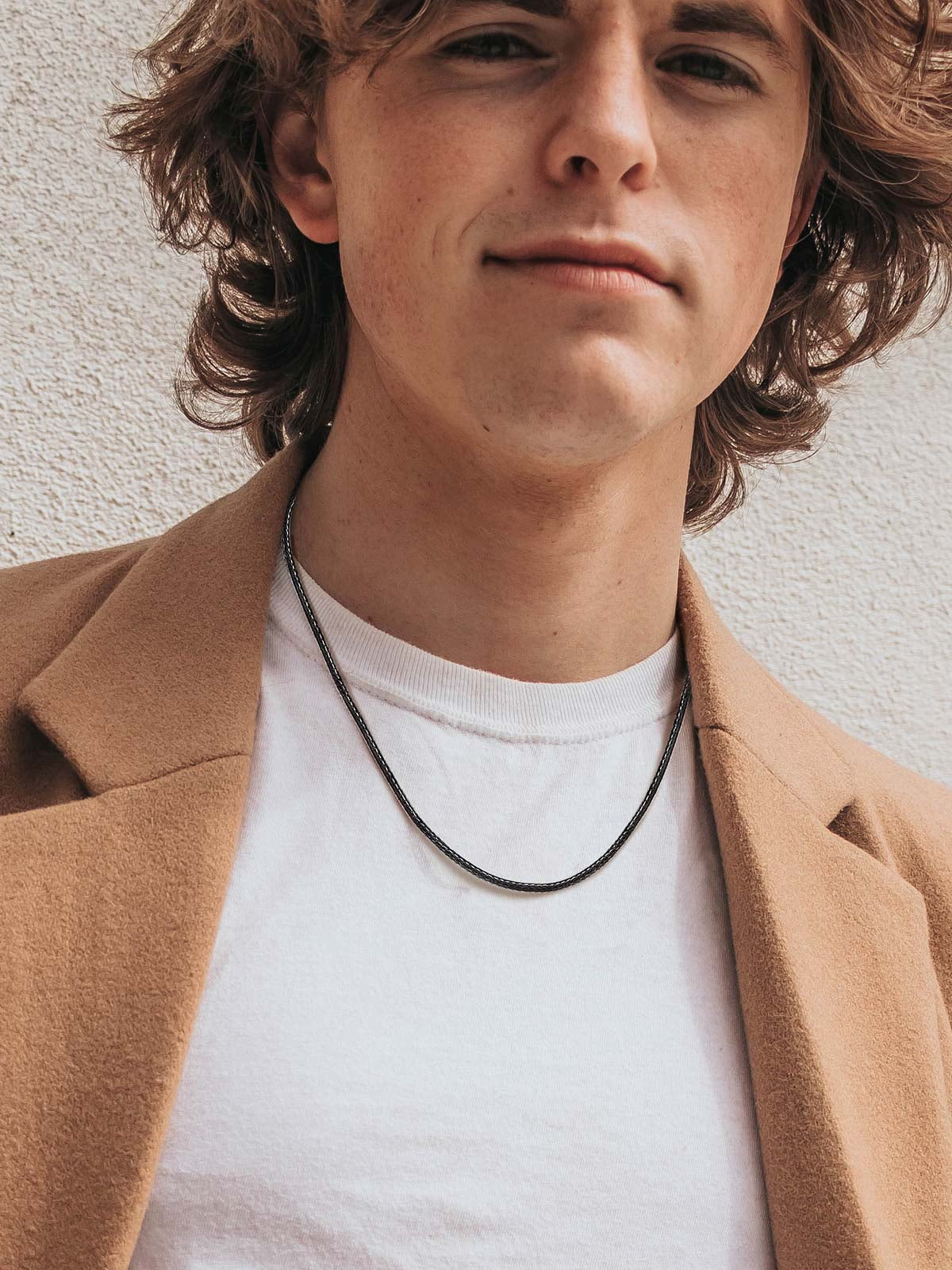 FindChic Men Waterproof Black Leather Cord Necklaces, Stainless Steel Chain Necklace 2mm Width 16-30 inch Waxed Rope Chain to Match Pendant for Dad Son, with Gift Box
