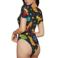 thumbnail image 3 of KLL Women 's Crew Neck Bodysuit Jumpsuits Dinosaurs in Space Print Short onesies Stretch T Shirts, 3 of 7