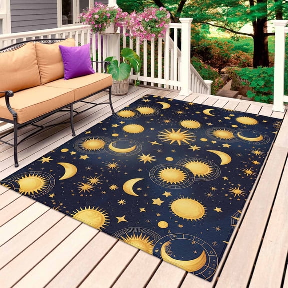 Blue Star Sky Outdoor Rug 3x5 Ft, Non Slip Washable Area Rug, Retro Fantasy Farmhouse Gold Moon Sun Patio Rugs Carpet Runner, Large Floor Mat for Indoor/Outdoor Deck Porch Camping