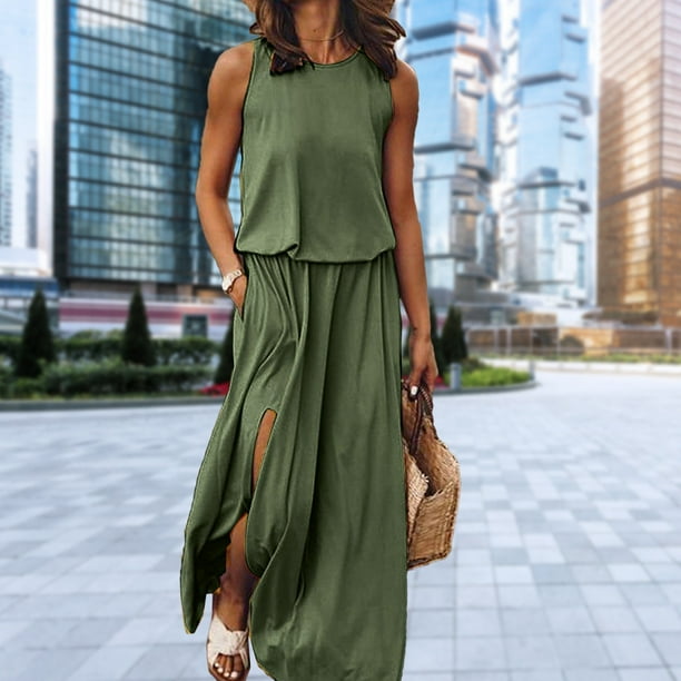 Vestido Sin Mangas Vestido sin mangas de verano Elegante vestido largo maxi Ropa femenina (Verde oscuro L) Cgtredaw para Mujer Verde oscuro T S