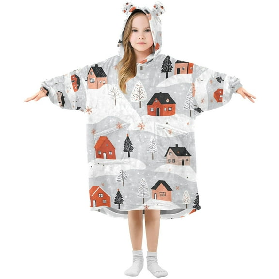 FORMRS Wearable Blanket Hoodie with Sleeves for Kids Cozy Flannel Sweatshirt, Cartoon Red Houses