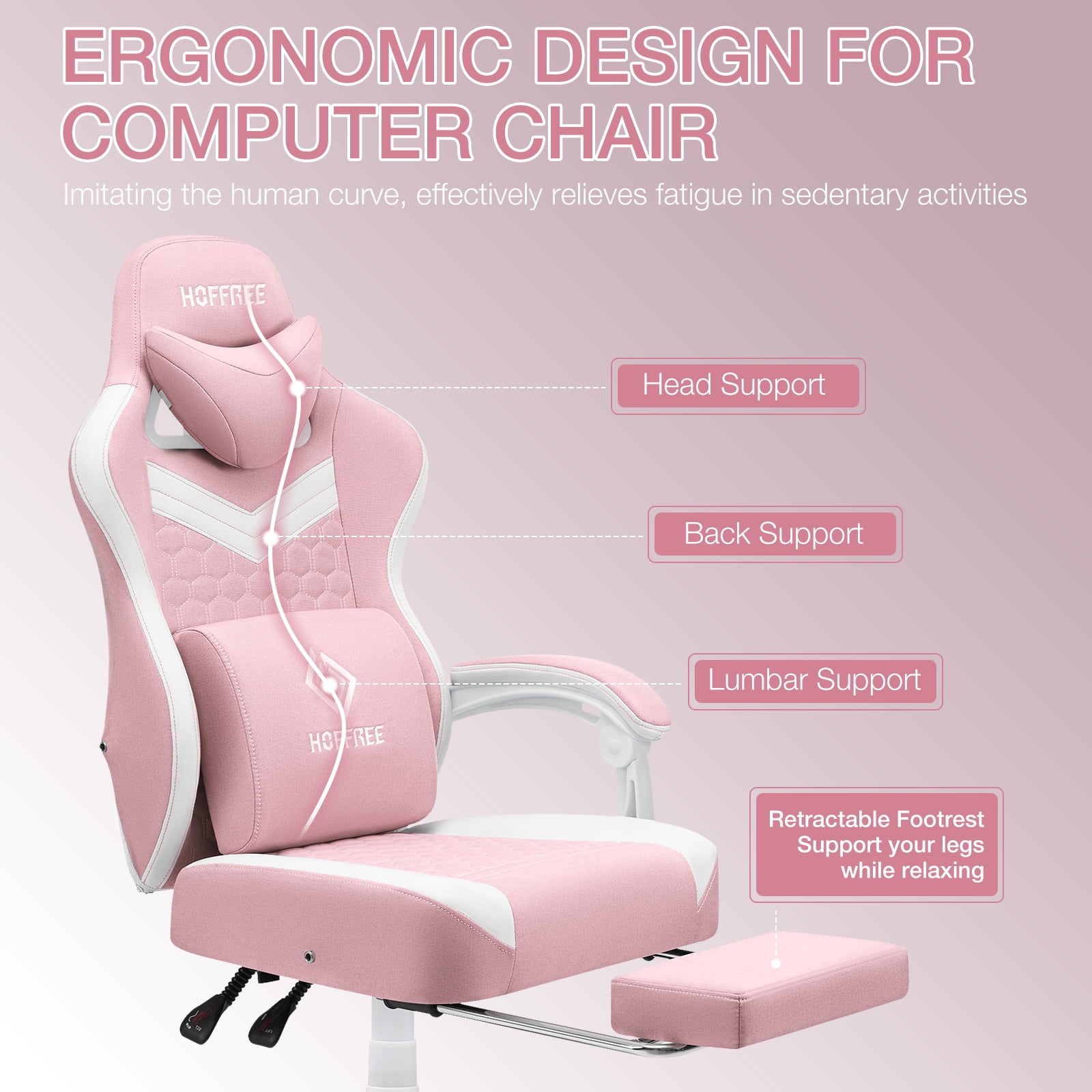 Hoffree Gaming Chair with Massage Fabric Office Chair with footrest for Adults, Ergonomic Gamer Chair with Headrest and Lumbar Support for Office Gaming, 440 LBS