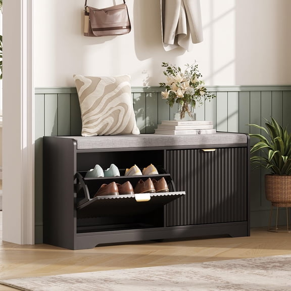 39.4" Fluted Shoe Bench With 2 Flip-drawers Storage