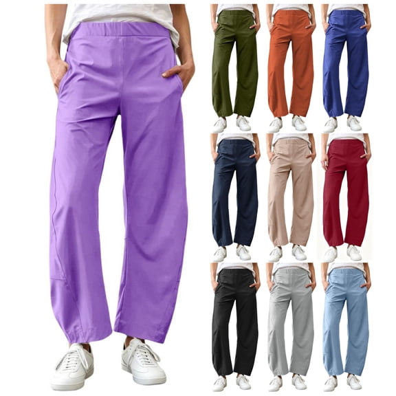 SSYGGI Womens Casual Pants Fall Straight Leg Pants Elastic High Waisted Lounge Pants Plus Size Fall Trousers Loose Fit Solid Color Long Pants with Pockets for Work Office