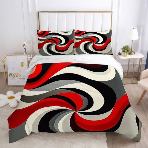 WNOOHIY Red Black White Gray Swirl Pattern 3Pcs Duvet Cover with Pillowcases, Queen/King