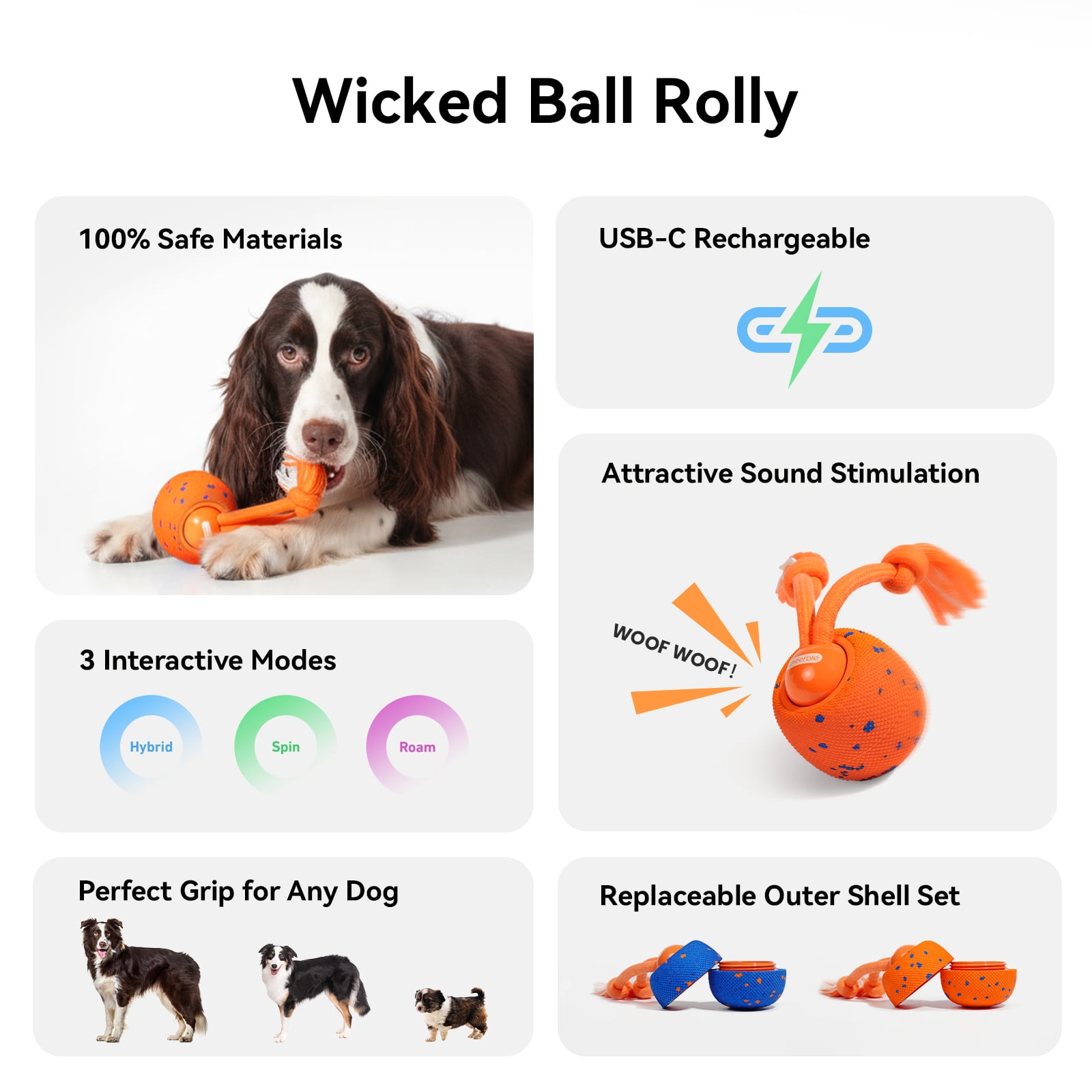 Cheerble Wicked Ball Rolly Interactive Dog Toy with Automatic Move, E-TPU Material, Rope and Barking Sounds, for Medium to Large Dogs (Bright Orange)