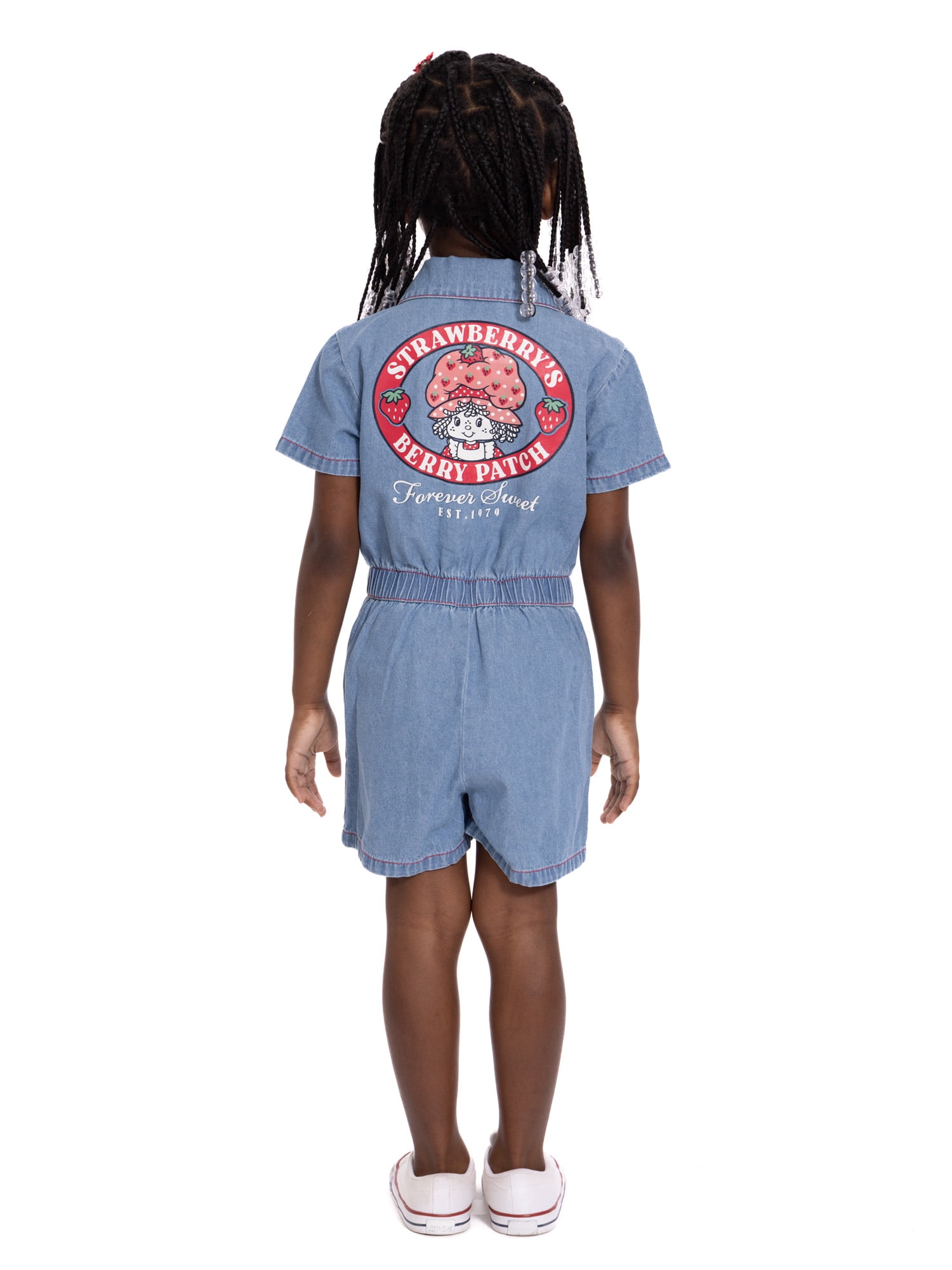 Strawberry Shortcake Toddler Girl Denim Romper with Short Sleeves, Sizes 12M-5T