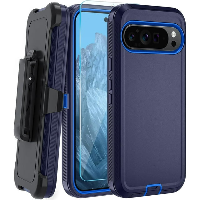 KOMI for Google Pixel 9/ Pixel 9 Pro Case, with HD Tempered Glass Screen Protector, Heavy Duty Shockproof Drop Protective Rugged Tough Durable Phone Cover with Belt Clip-Dark Blue
