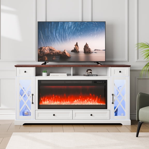 VEVOR 80" Fireplace TV Stand, Media Storage Corner with 42" Fireplace, Storage Drawers & Cabinets, Pastoral TV Console Table with 20 LED Lights, Remote Control & Timer for Living Room, Brown White
