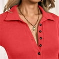 thumbnail image 4 of STICHOU Red Polo Shirts for Women Slim Fitted Solid Color Deep V Neck Tops Long Sleeve Button Down Outwork Collared T Shirts Basic Blouses Red S, 4 of 6