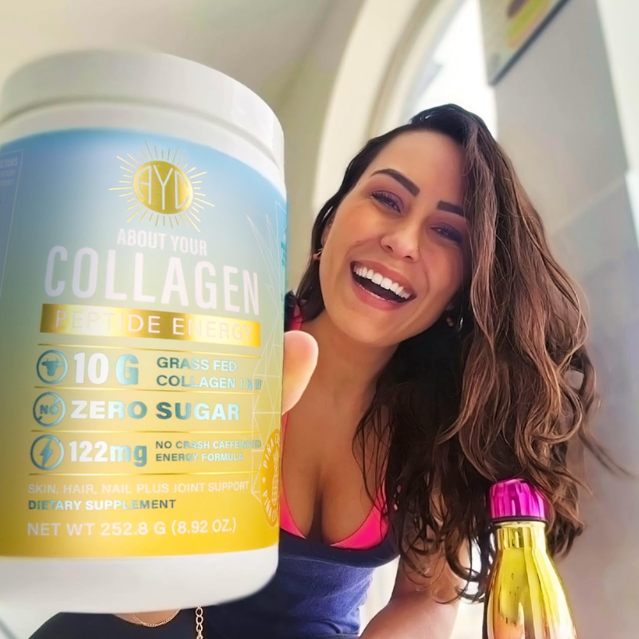 ABOUT YOUR COLLAGEN Peptide Energy Collagen Powder Hair, Nail, Skin, Type I & III,Caffeine for Energy, Vitamin C, Biotin, Hyaluronic Acid, Zero Sugar – 8.92 oz (Mango Passion)