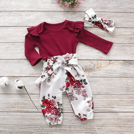 

Baby Girls Pit Romper Flower Pant Headband Suit Toddler Long Sleeve Bodysuit Trousers Bow Set Outfits Clothes 3Pcs