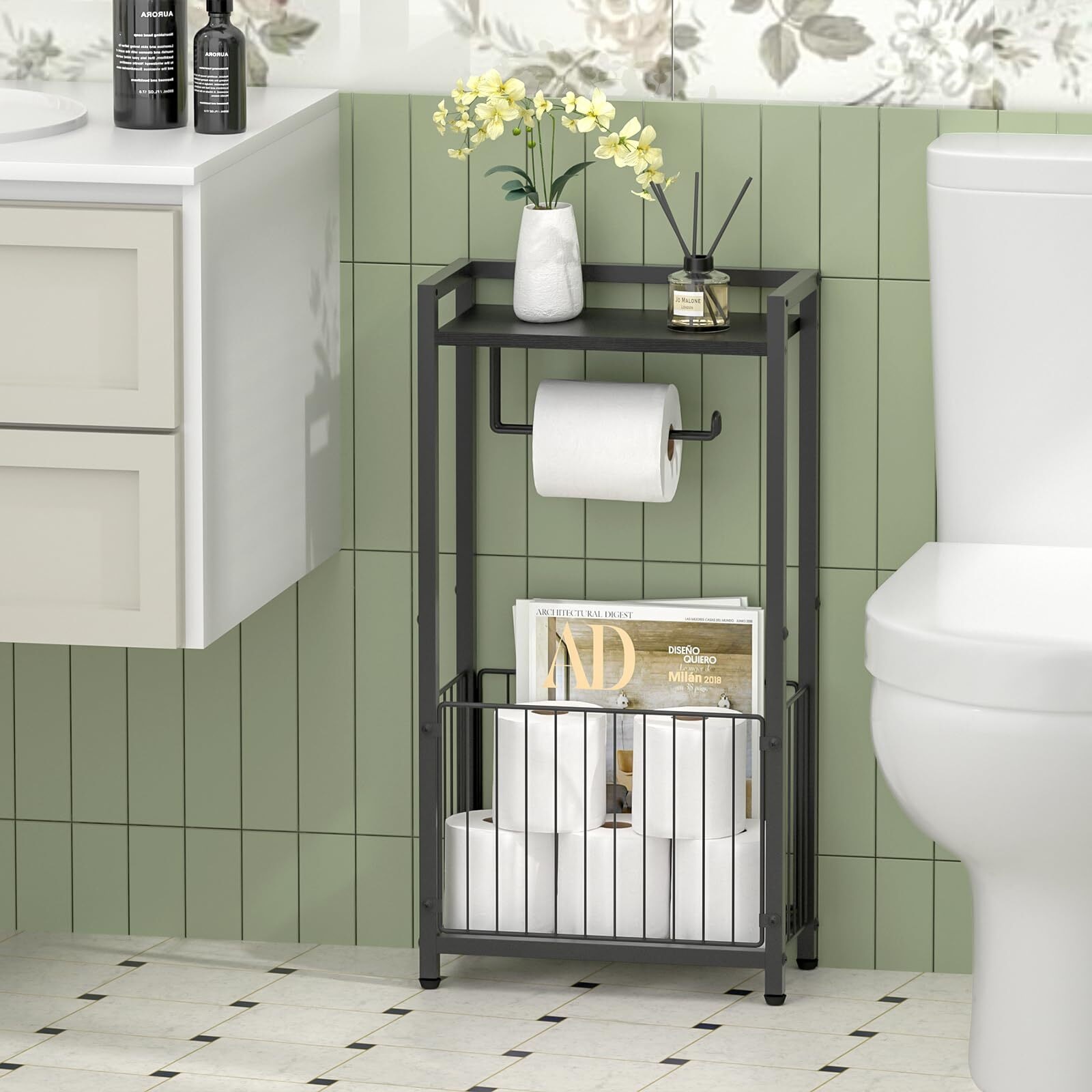 Freestanding Toilet Paper Stand with Shelf  Bathroom Tissue Holder and Organizer