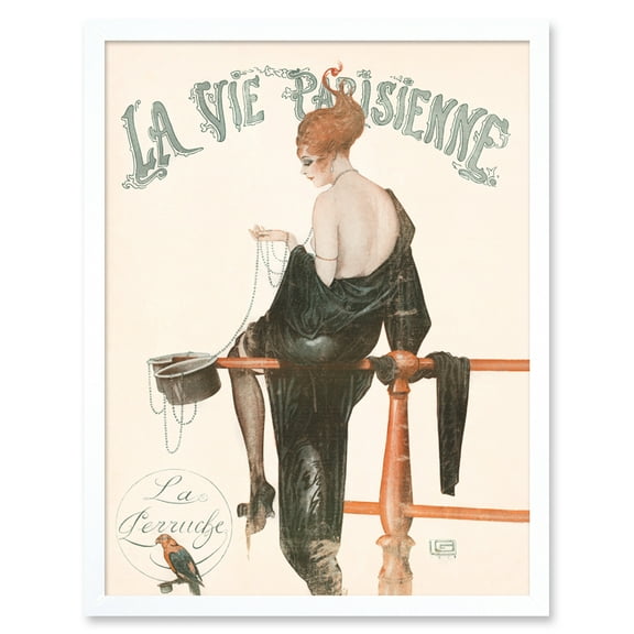Vintage French Fashion La Vie Parisienne Woman Beads Parakeet Magazine Cover Art Print Framed Poster Wall Decor 12x16 inch