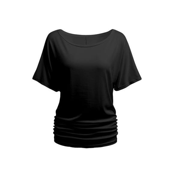 Womens Short Sleeve Boat Neck Side Shirring Dolman Drape Top