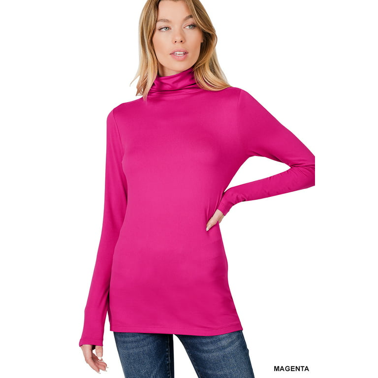 Zenana Women & Plus Microfiber Mock Turtleneck Long Sleeve Lightweight Tee  Shirt Top 