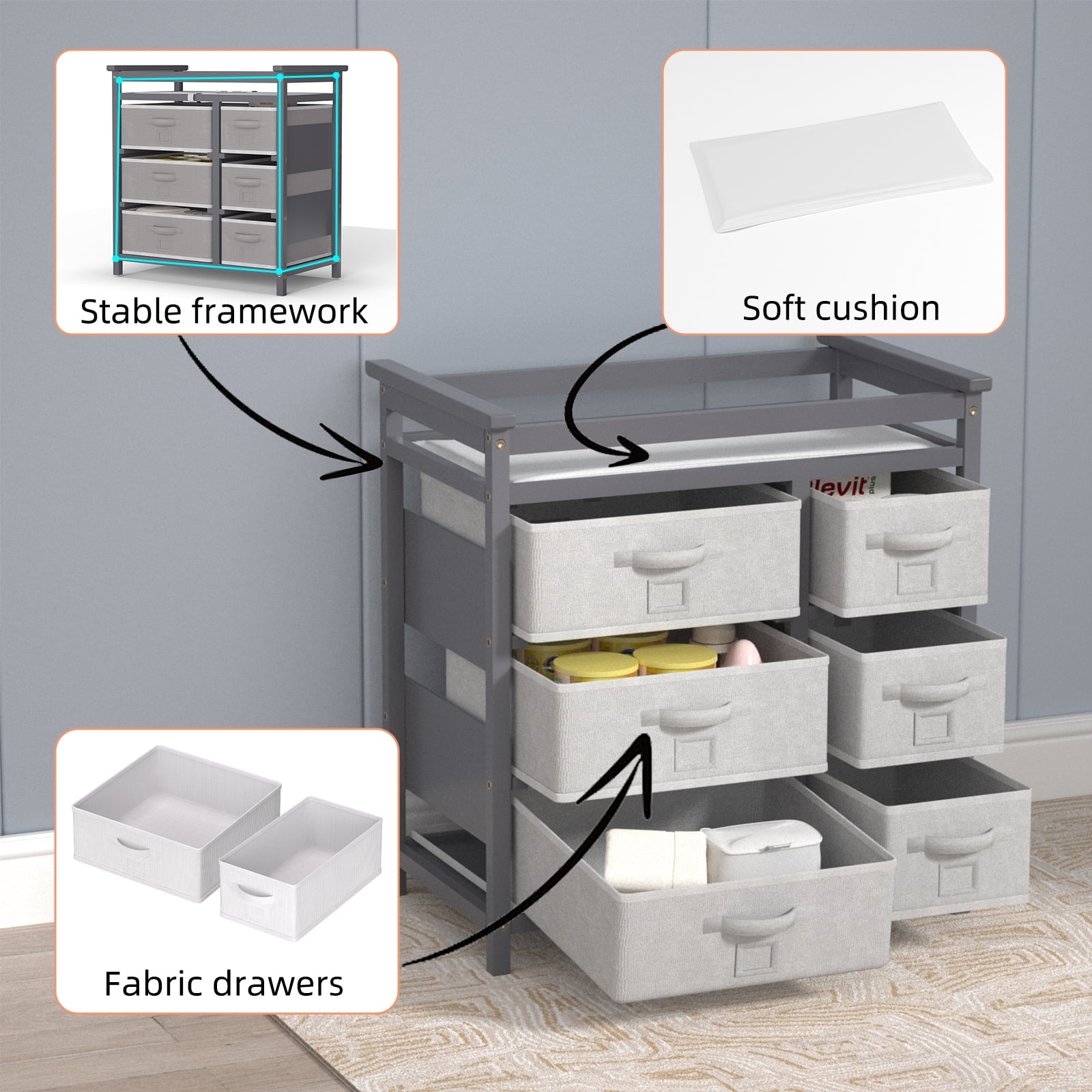KORIMEFA Baby Changing Table with Laundry Hamper, 6 Storage Drawers and Pad, Changing Table Dresser, Baby Diaper Change Station, Gray
