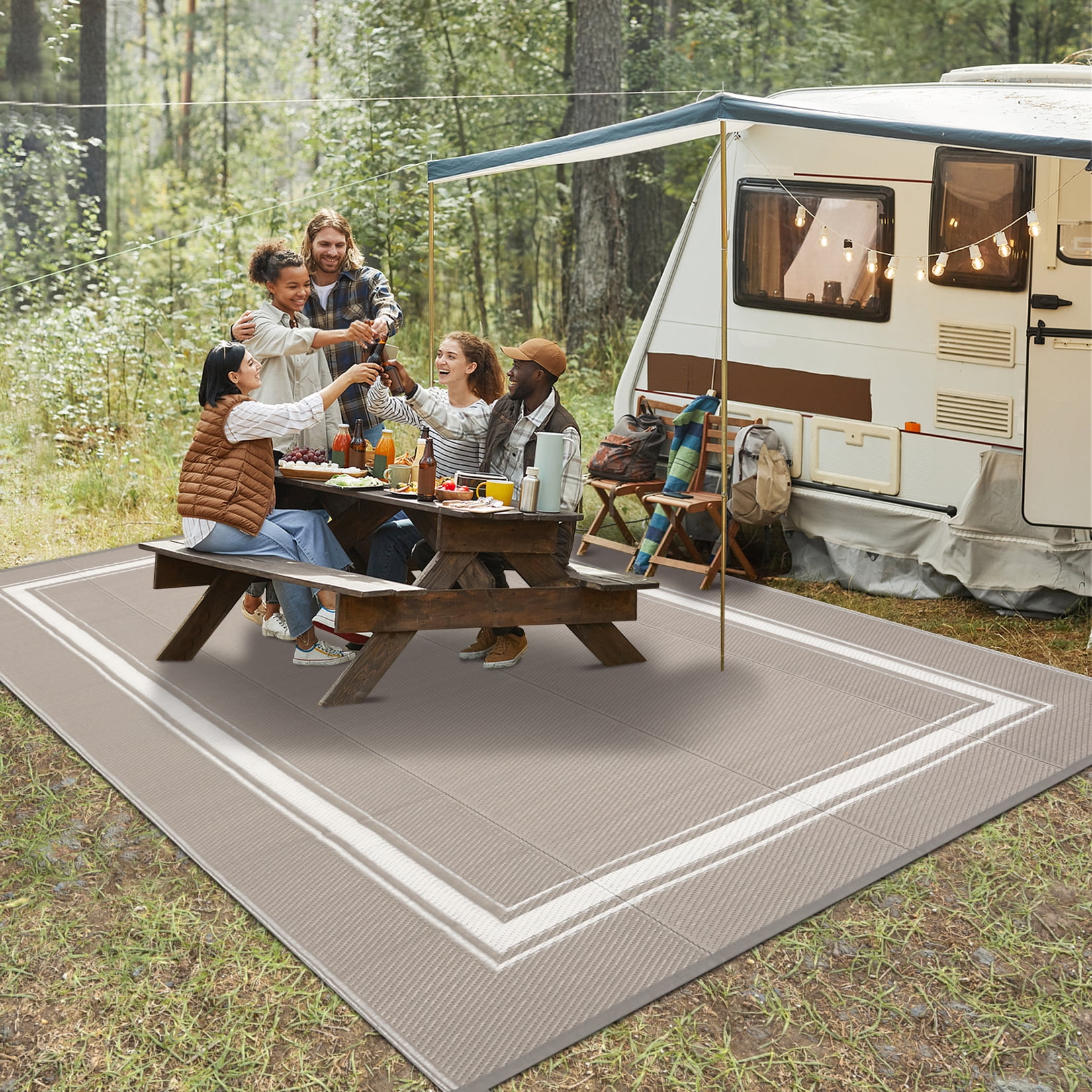 Garvee 9'x18' Waterproof Outdoor Rug, Reversible Patio Area Rug Indoor Outdoor Carpet, Plastic Modern Geometric Carpet for RV Camping Deck Balcony Porch Picnic, Gray Coffee