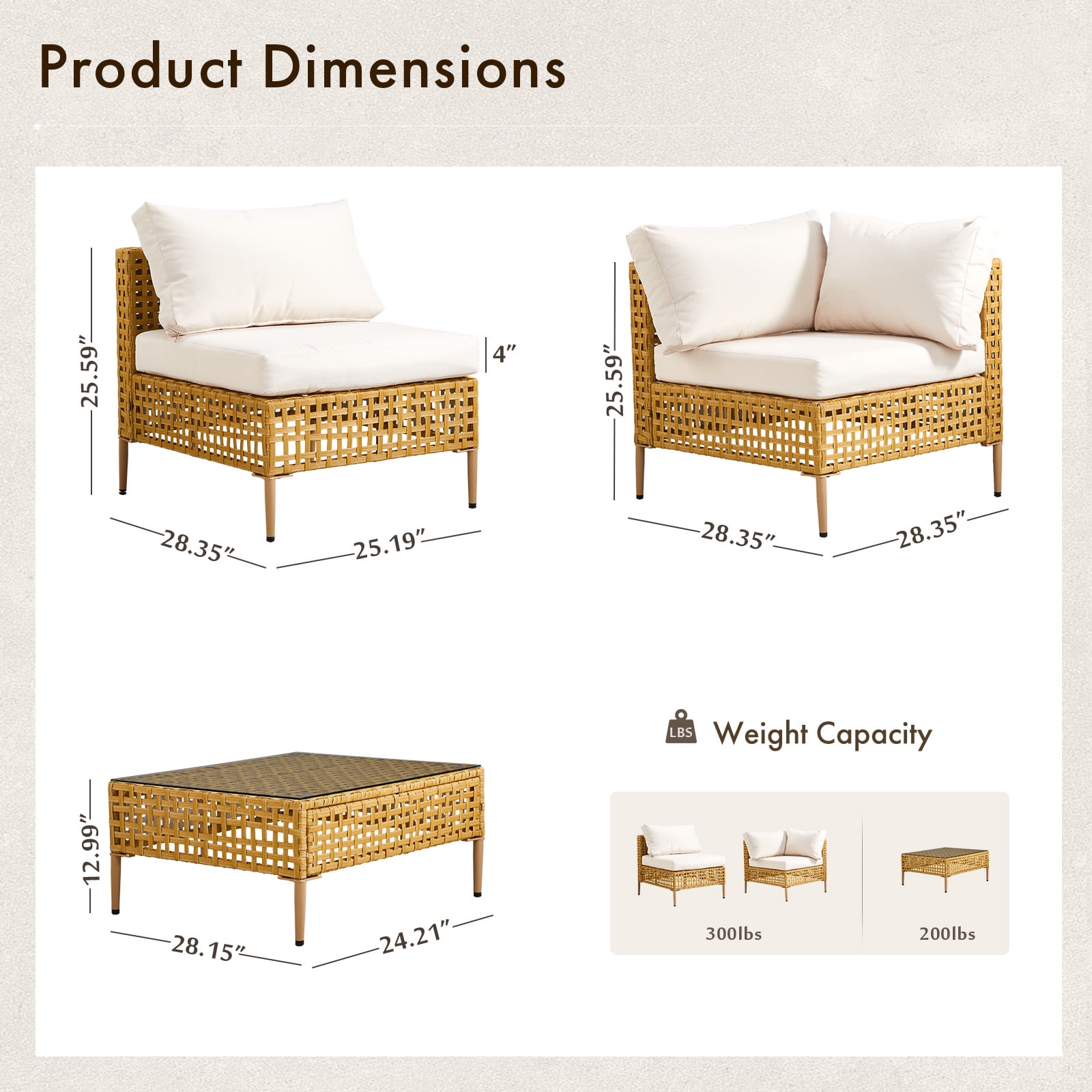 Ktaxon 7PC Wicker Patio Furniture Set Outdoor Sectional Sofa with Water Resistant Cushions, Glass Coffee Table, Boho Conversation Set Beige