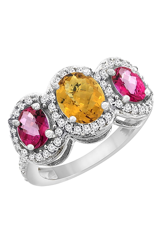 10K White Gold Natural Whisky Quartz & Pink Topaz 3-Stone Ring Oval Diamond Accent, size 8.5