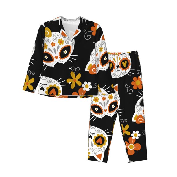 Fotbe Cat Skulls and Flowers Conjunto de Pijama de Manga Larga para Mujer con Estampado, Ropa de Dormir de 2 Piezas, Conjunto de Casa Suave y Cómodo con Bolsillos-Medium