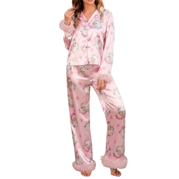 Conjunto de pijama de satén de seda navideño para mujer, estampado de manga larga, con botones y pantalones cortos, ropa de estar por casa