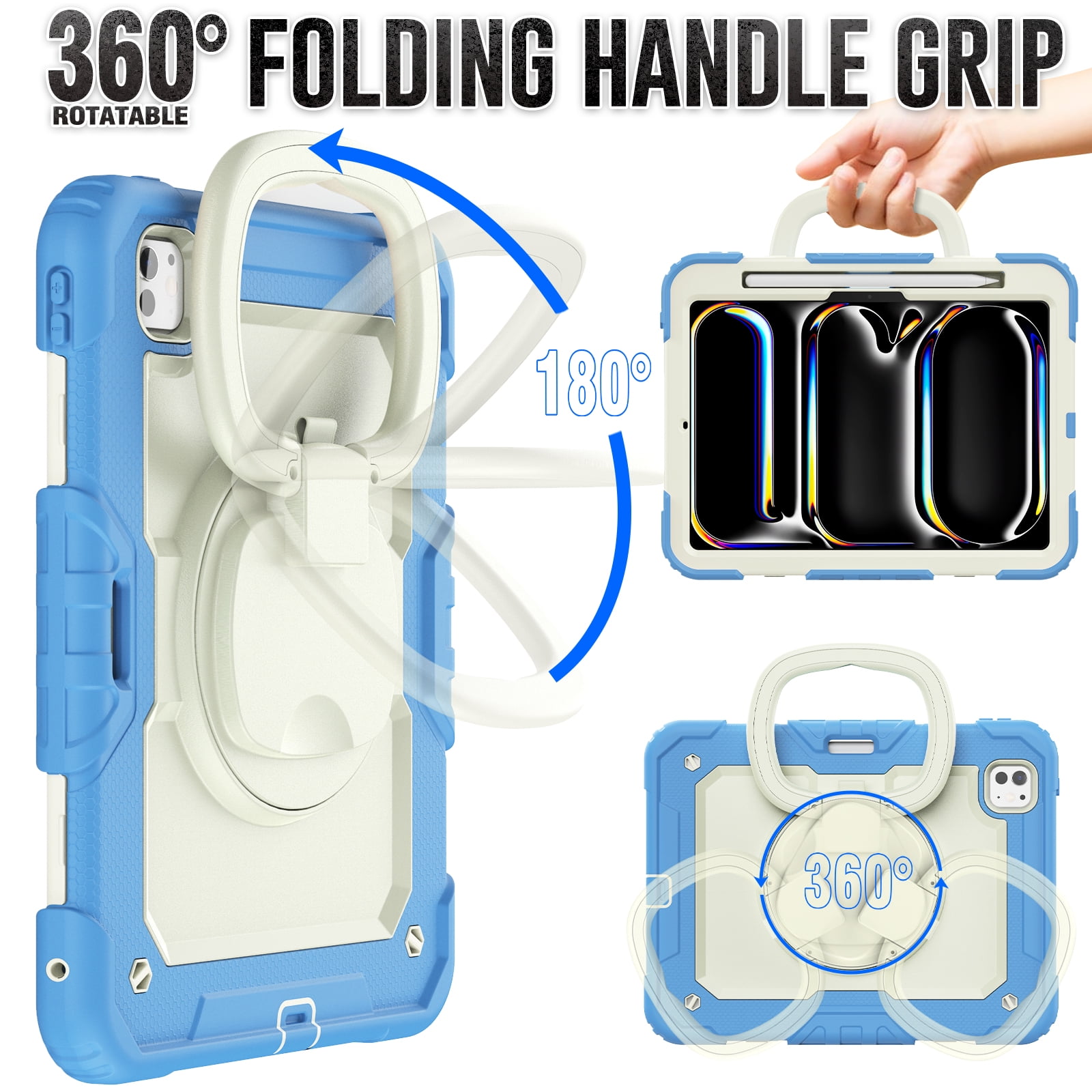 Allytechgroup iPad Pro 11 M4 2024 Case with Screen Protector, Heavy Duty Shockproof Kickstand Handle Bumper Pencil Holder Anti-Scratch Kids Friendly Case Cover for Apple iPad Pro 11" 2024, Blue