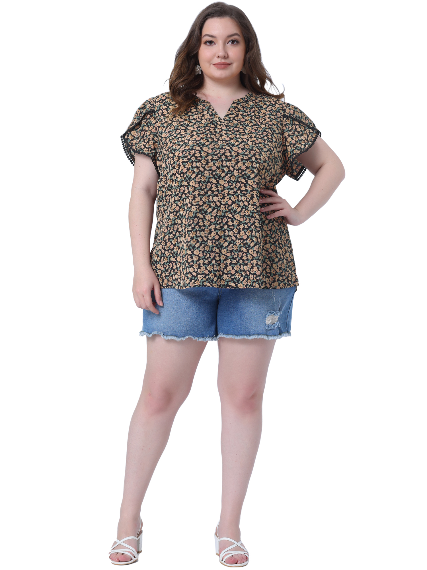 Women's Plus Tops Floral V Neck Tulip Sleeve T-Shirt Tee Summer Top 4X Beige