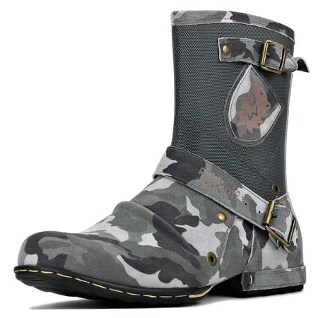 

OSSTONE Moto Boots Western Boots Chukka Boots for Men Fashion Zipper-up Leather Casual Shoes 5008-1-H8-F-7 Camouflage Gray
