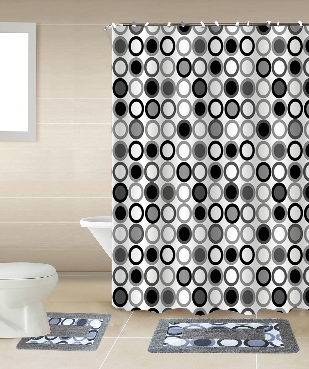 Mitosis 15-piece Circles Bathroom Accessories Set Rugs Sower Curtain & Matching Rings Black White & Gray - image 1 of 1