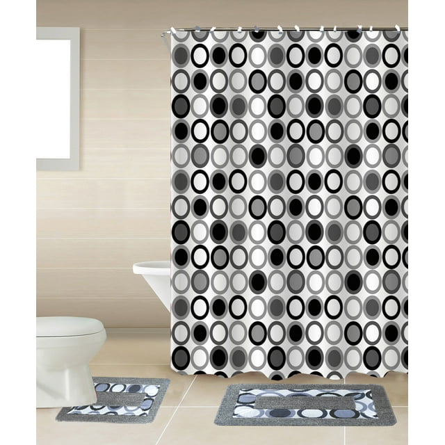Mitosis 15-piece Circles Bathroom Accessories Set Rugs Sower Curtain & Matching Rings Black White & Gray