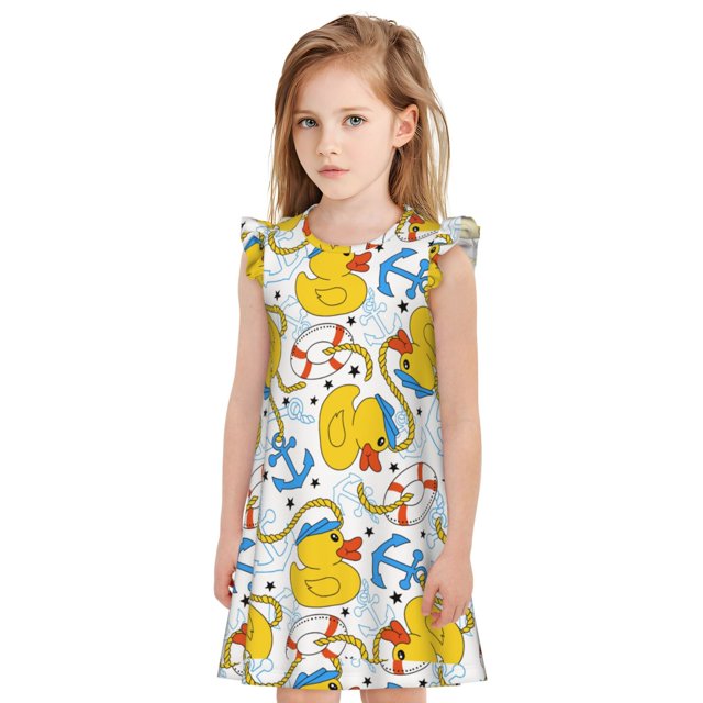 Fotbe Ducks and Anchors Vestido de Dormir para Niñas de 3 a 10 Años, Mangas Cortas, Estilo Princesa, Pijama Camisón con Mangas Voladas-Small