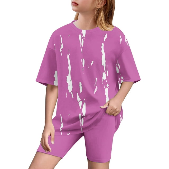 Girl's 2 Piece Outfits Graphic Print Short Sleeve Tee Top and Biker Shorts Tracksuit Workout Set