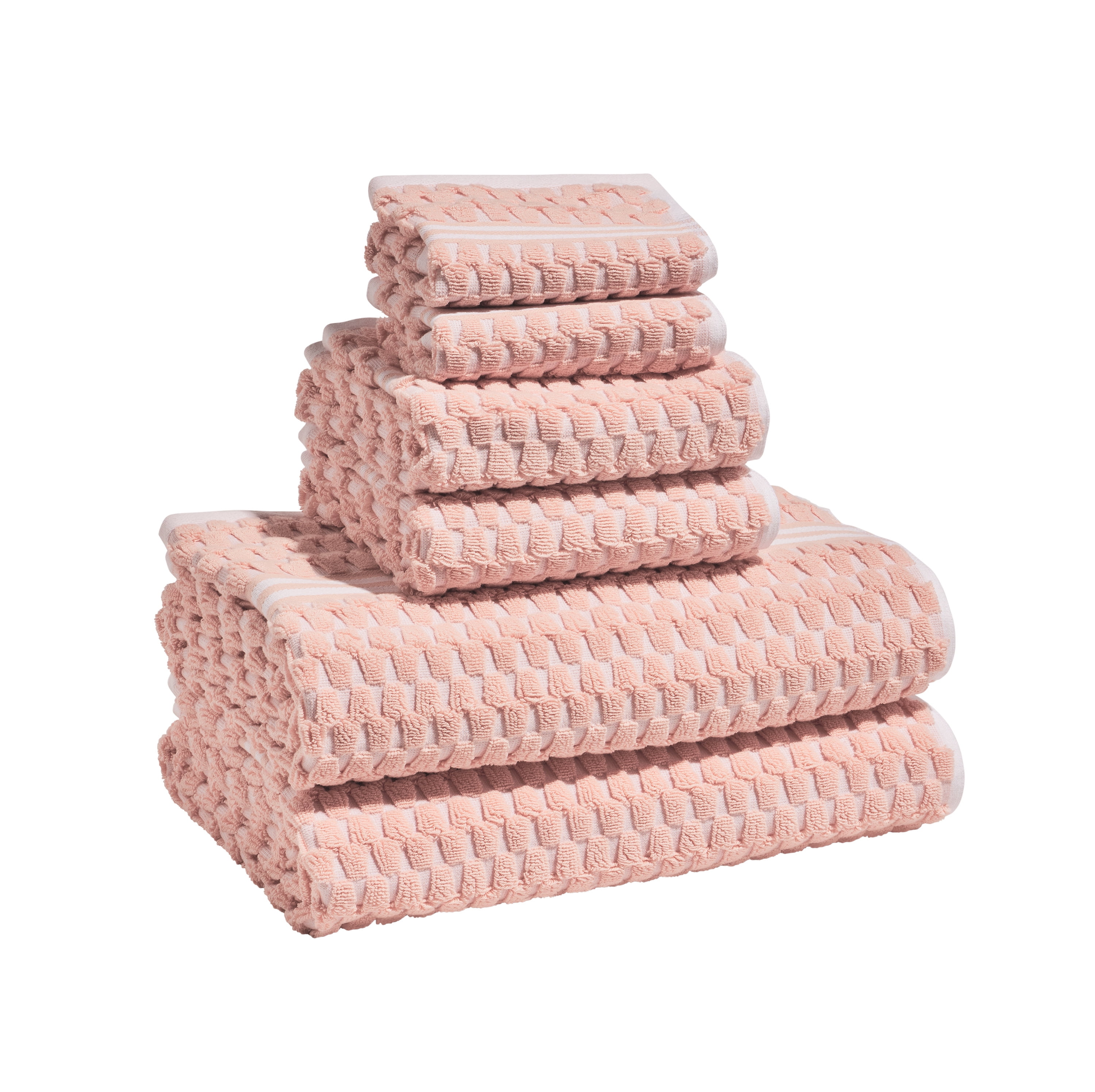 Beautiful by Drew Barrymore 6-Piece Staggered Tile Bath Towel Set, Soft 100% Cotton, Rose
