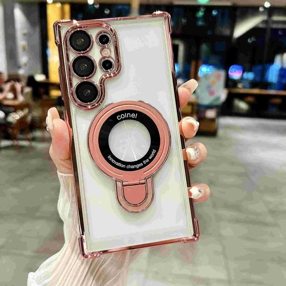 Decase Clear Case for Samsung Galaxy S26 Ultra,Shockproof Cover with Ring Kickstand,Built-in Lens Protector,Flexible TPU Plated Frame Protective Cover,Pink