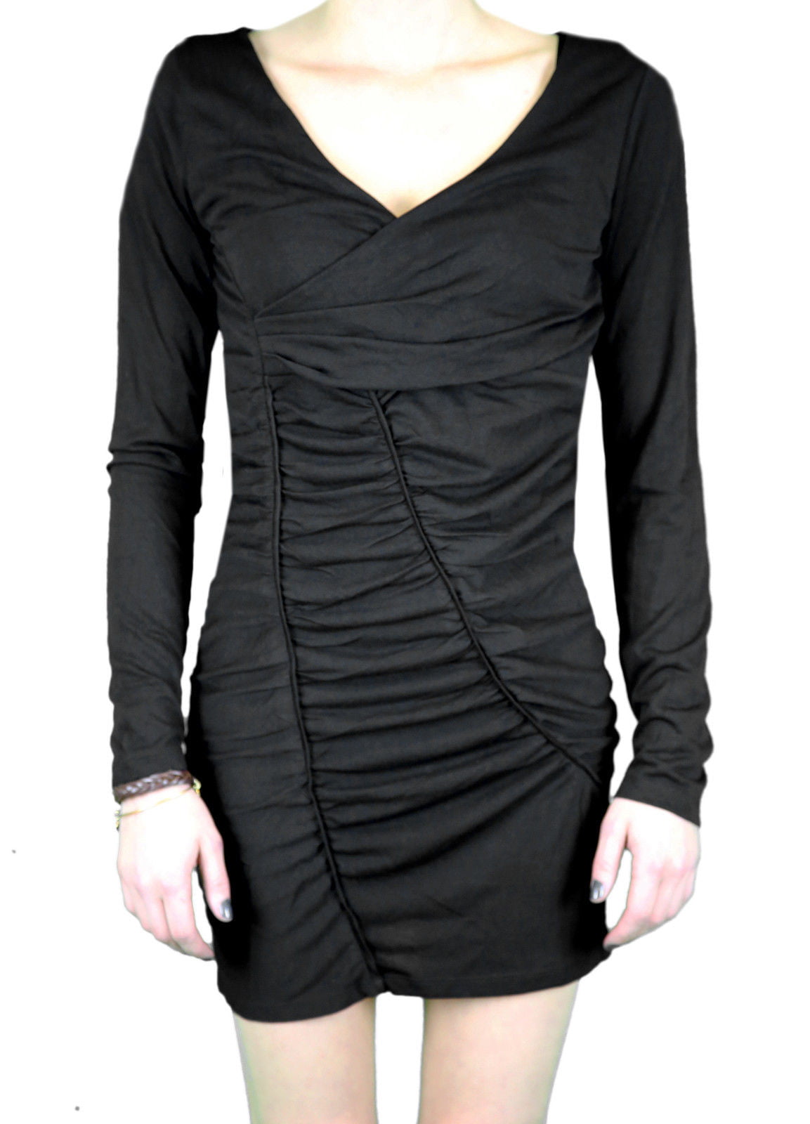 ANAMA NIGHT Women's Black Ruched Long Sleeve V-Neck Dress W11-165 $78 NEW