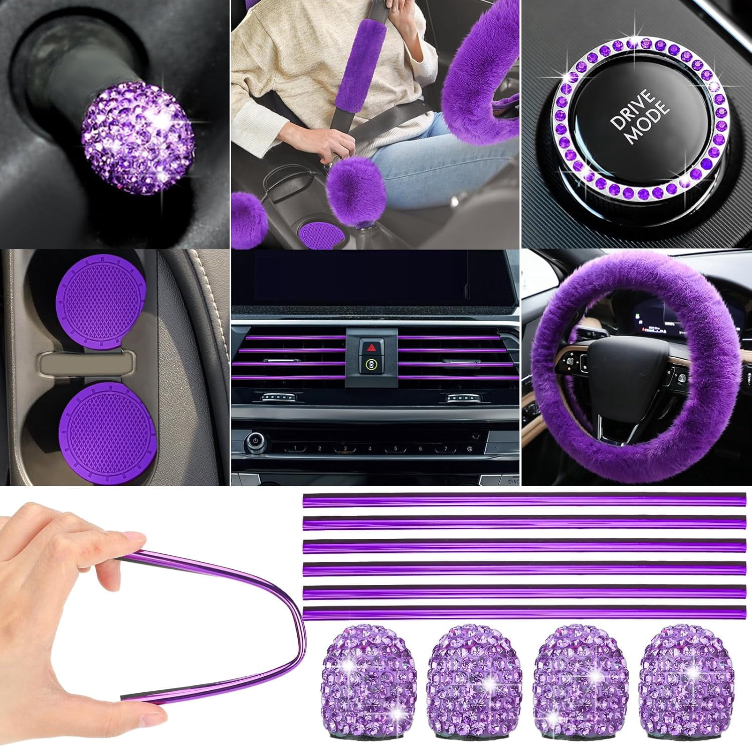 chalian 47 Pcs Car Seat Cover Full Set Car Accessories for Front Rear Seat Fluffy Steering Wheel Cover Belt Automotive Floor Mats Air Conditioner Decoration Strip(Purple)