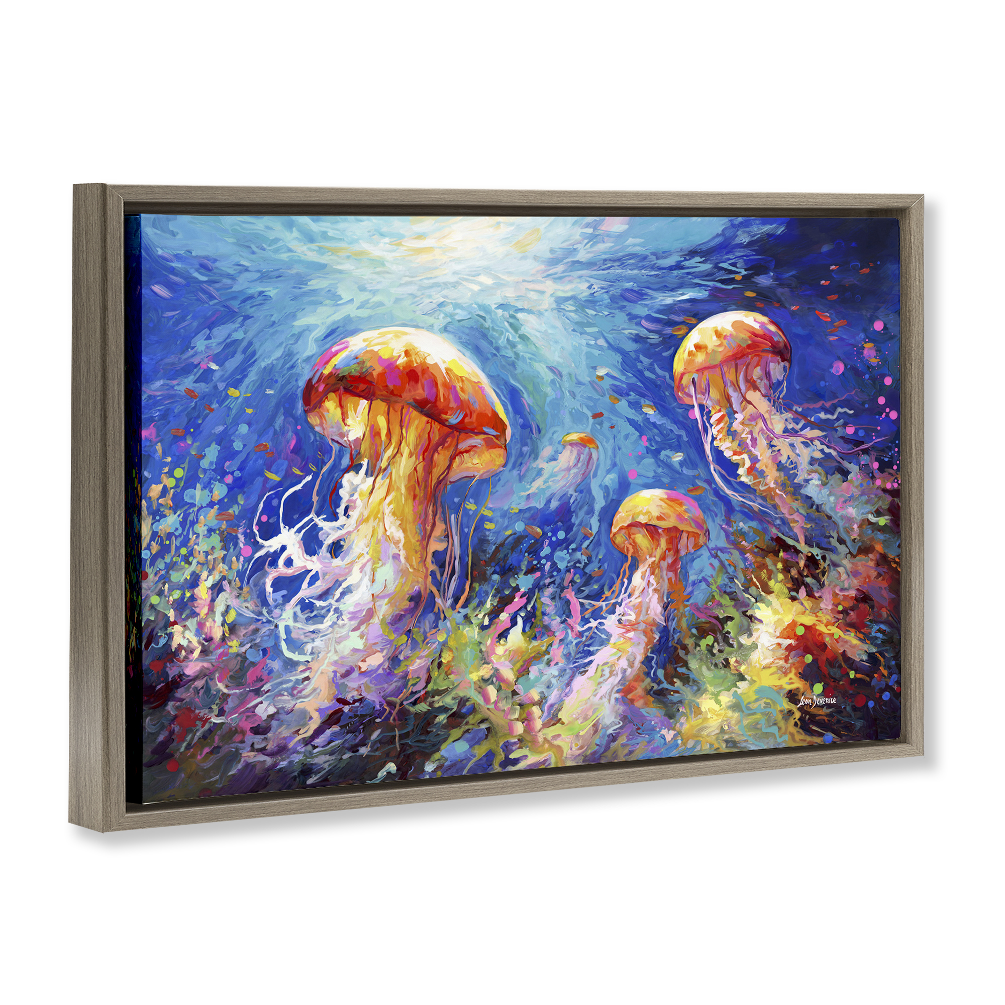 Stupell Industries Jellyfish Serenade Underwater Animals & Insects Painting Brown Floater Framed Canvas Art Print Wall Art, 25 x 17