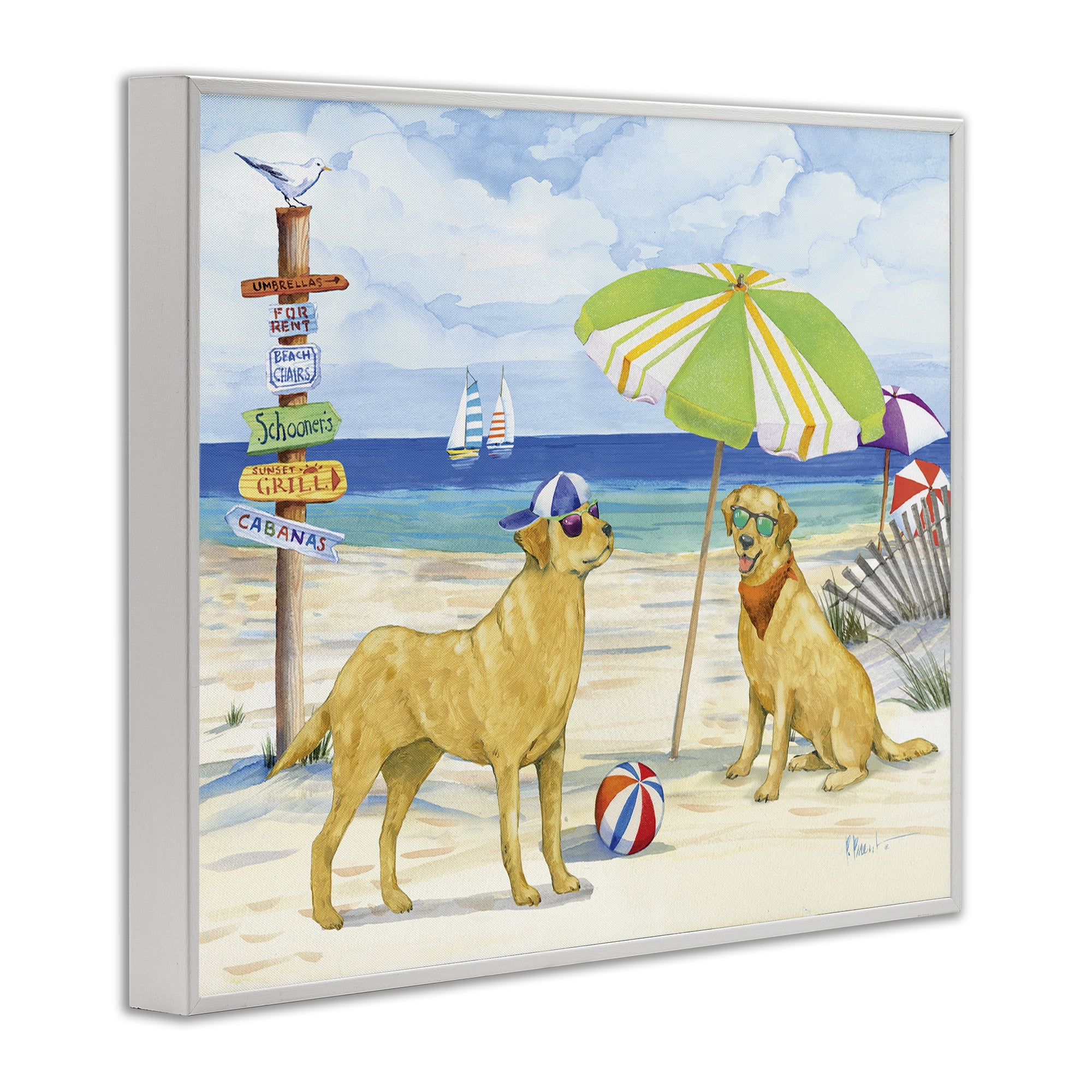 Stupell Industries Dog Day At Beach Animals & Insects Painting White Framed Art Print Wall Art, 20 x 16