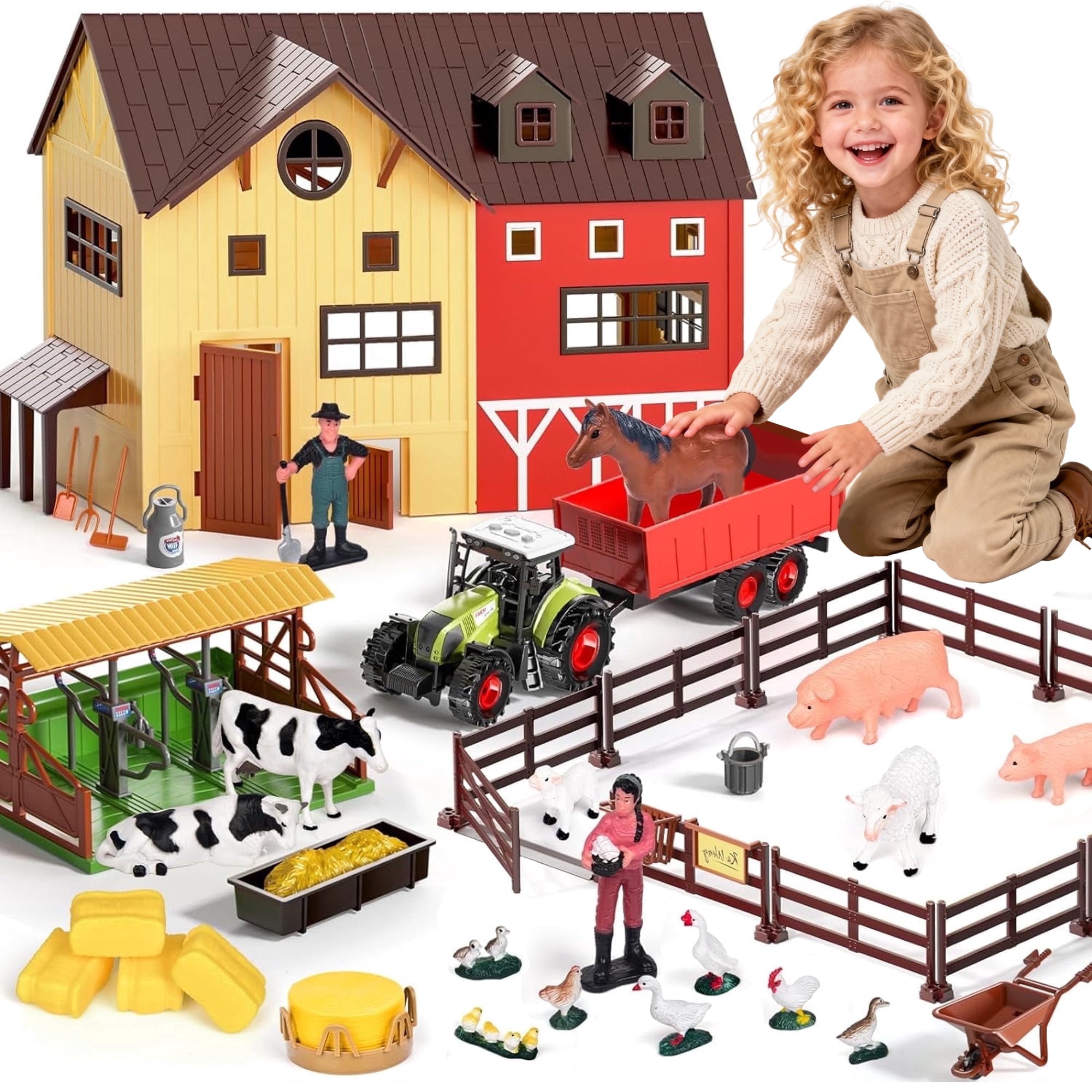 Aijohnny Farm Animals Barn House Toys, Farm Figures Play Set for Kids & Toddlers, Birthday Eastert Gifts for 1-3 3-5 5-8 Year Old